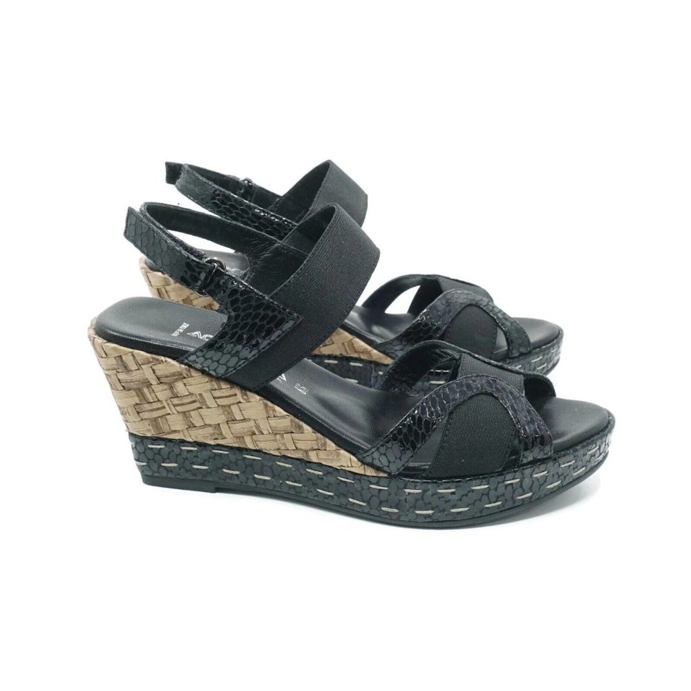 Aquatalia Womens Wedge Sandals Snake Embossed Basket Weave Black Leather Sz 6.5